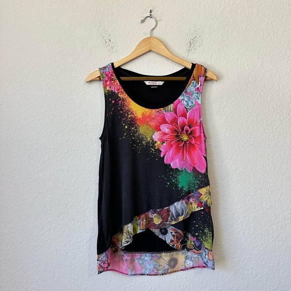 Desigual Tops - DESIGUAL Sleeveless Floral Print Tunic Top Asymmetrical Hem in Multicolor